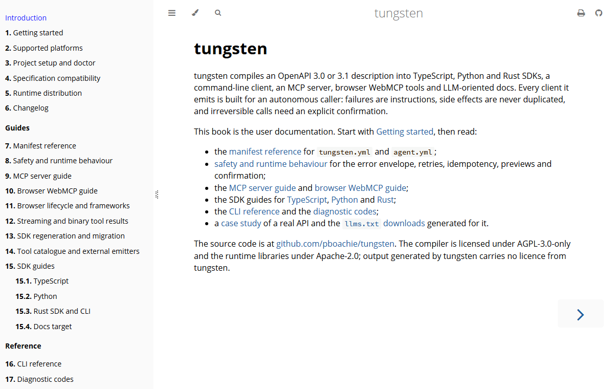 Screenshot of the Tungsten documentation homepage