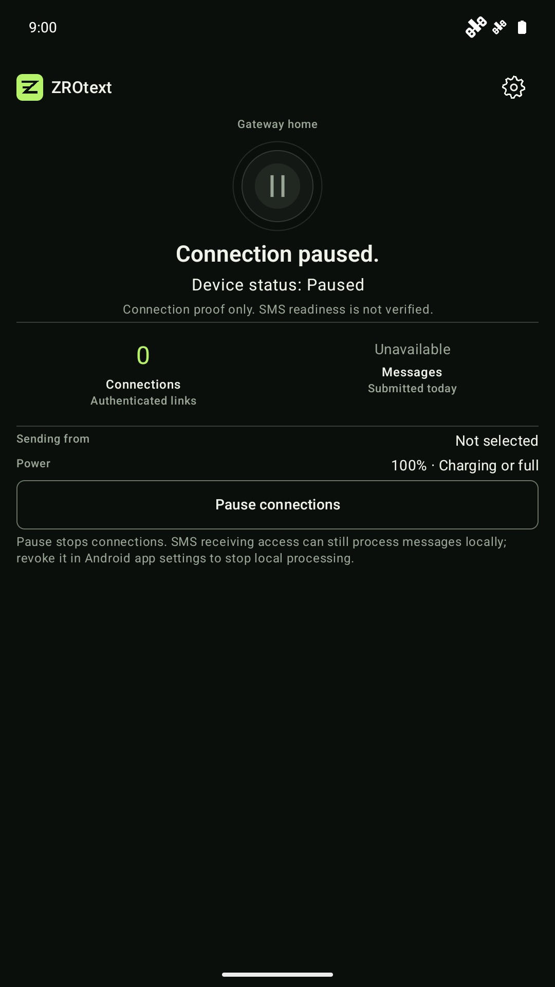ZROtext Android gateway screen from a fresh emulator, showing a paused connection